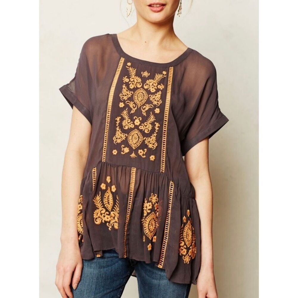 Anthropologie Charcoal Blouse with Mustard Embroidery